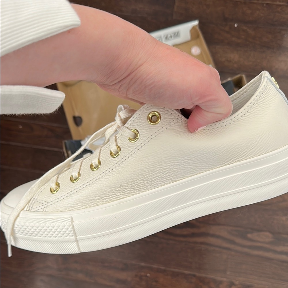 Converse Cream Leather Sneakers with gold details and lifted sole
